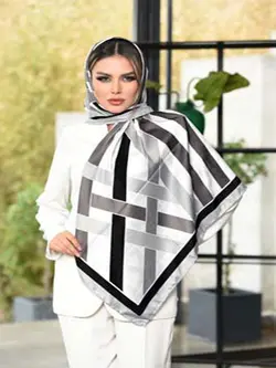 روسری ابریشم توییل سایز ۱۲۰سفید با نوار پهن سبز با حاشیه سبز و کرم کد SC56