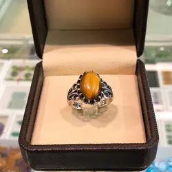 انگشتر نقره مردانه سنگ چشم ببر طبیعی مدل چنگ سیاه قلم ۲۳۵۴۰۷