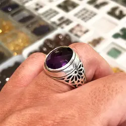 انگشتر نقره مردانه نگین آمتیست آفریقایی رکاب شبکه داوودی ۲۳۵۴۰۴