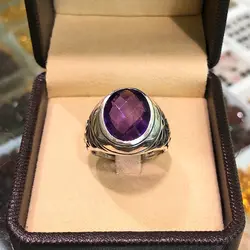 انگشتر نقره مردانه نگین آمتیست آفریقایی رکاب شبکه داوودی ۲۳۵۴۰۴
