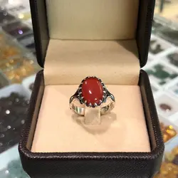 انگشتر نقره نگین عقیق سرخ یمنی رکاب دور چنگ سیاه قلم ۲۳۵۳۹۷