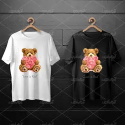 طرح لایه باز خرس تدی با قلب صورتی گلدار برای چاپ روی انواع تیشرت