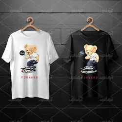 طرح لایه باز خرس تدی با تیشرت سفید و شلوار لی و اسکیت برد برای چاپ روی انواع تیشرت