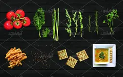 موکاپ سبزی و گوجه فرنگی و سیب با ظرف