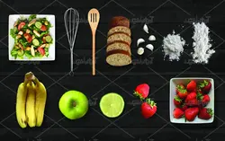 موکاپ سبزی و گوجه فرنگی و سیب با ظرف