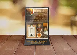 موکاپ استند تبلیغات و منو روی میز کافه و رستوران