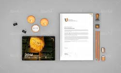 موکاپ ست اداری سفید و نارنجی با تبلت و لباس وکلاه