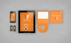 موکاپ ست اداری سفید و نارنجی با تبلت و لباس وکلاه