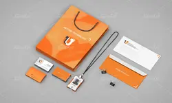 موکاپ ست اداری سفید و نارنجی با تبلت و لباس وکلاه