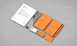 موکاپ ست اداری سفید و نارنجی با تبلت و لباس وکلاه