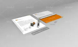 موکاپ ست اداری سفید و نارنجی با تبلت و لباس وکلاه