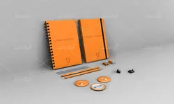 موکاپ ست اداری سفید و نارنجی با تبلت و لباس وکلاه