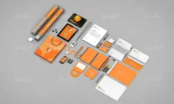 موکاپ ست اداری سفید و نارنجی با تبلت و لباس وکلاه