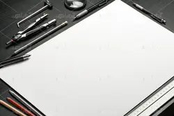 موکاپ برگه سفید برای طراحی وهمراه با قلم و پرگار و خط کش