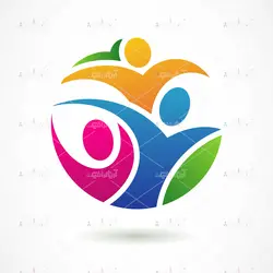 وکتور لوگوی آدمک آبی صورتی زرد در دایره همراه برگ