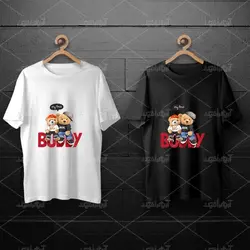 طرح لایه باز خرس تدی با تیشرت و شلوار لی و کلاه روی نوشته رفیق برای چاپ روی انواع تیشرت