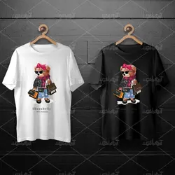 طرح لایه باز خرس تدی با پاپیون قرمز و کیسه های خرید برای چاپ روی انواع تیشرت