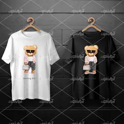 طرح لایه باز خرس تدی با عینک و کت و کیف صورتی برای چاپ روی انواع تیشرت