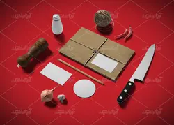 موکاپ دفترو کاغذ منو و لیست مواد اولیه به همراه سبزیجات و کاسه بشقاب