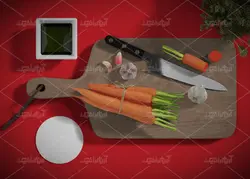 موکاپ دفترو کاغذ منو و لیست مواد اولیه به همراه سبزیجات و کاسه بشقاب