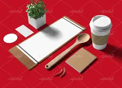 موکاپ دفترو کاغذ منو و لیست مواد اولیه به همراه سبزیجات و کاسه بشقاب