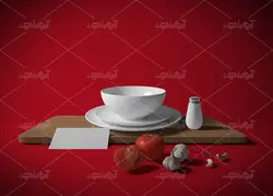 موکاپ دفترو کاغذ منو و لیست مواد اولیه به همراه سبزیجات و کاسه بشقاب