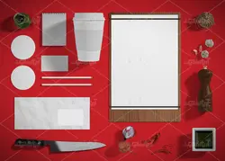 موکاپ دفترو کاغذ منو و لیست مواد اولیه به همراه سبزیجات و کاسه بشقاب