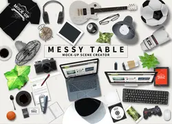 موکاپ لوازم الکترونیک دوربین و لبتاب همراه گیتار و ساعت