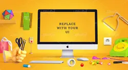 موکاپ فانتزی اسم و برند نوشته  دلخواه با نقاشی مانتیتور و تلفن لوازم تحریر