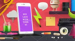 موکاپ فانتزی اسم و برند نوشته  دلخواه با نقاشی مانتیتور و تلفن لوازم تحریر