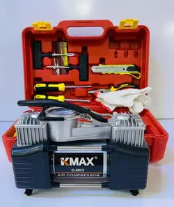 پمپ باد فندکی دو سیلندر همراه با وسایل کامل پنچر گیری KMAX