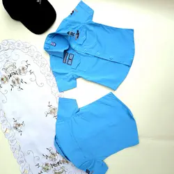 پیراهن آستین کوتاه پسرانه کتان رنگ آبی مدل خلبانی