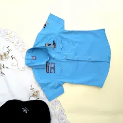پیراهن آستین کوتاه پسرانه کتان رنگ آبی مدل خلبانی