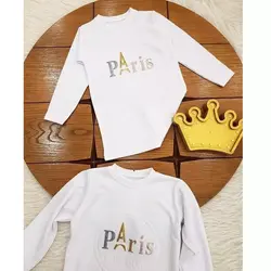 بلوز یقه گرد پسرانه و دخترانه طرح پاریس نخ لاکارا دار مناسب حدود سنی 2 تا 8 سال