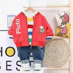 لباس مجلسی پسرانه پاییزه و بهاره سه تکه بلوز آستین بلند شلوار لی و سویشرت کتان