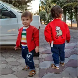 لباس مجلسی پسرانه پاییزه و بهاره سه تکه بلوز آستین بلند شلوار لی و سویشرت کتان