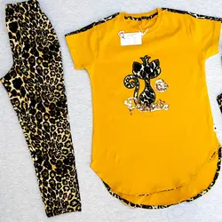 ست دو تکه پلنگی تیشرت و شلوار کوتاه نخی با تراکم بالا