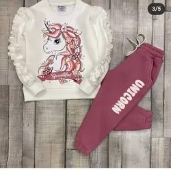 بلوز شلوار زمستانه اسب تک شاخ دخترانه زمستانه یونیکورن لاینردار وگرم بالا مناسب 2 تا 10 ساله (حدودا)