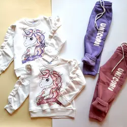 بلوز شلوار زمستانه اسب تک شاخ دخترانه زمستانه یونیکورن لاینردار وگرم بالا مناسب 2 تا 10 ساله (حدودا)