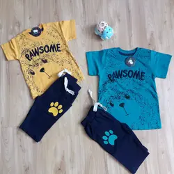 ست تابستانه تیشرت شلوارک پسرانه نخی powsome رنگ قرمز، زرد و آبی