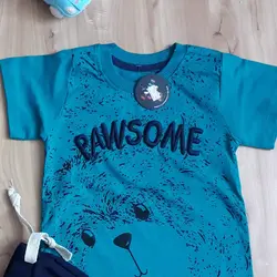 ست تابستانه تیشرت شلوارک پسرانه نخی powsome رنگ قرمز، زرد و آبی