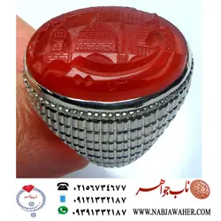 انگشترنفیس عقیق سرخ حکاکی سه بعدی گنبد و گلدسته و ذکر یا رقیه اثر مهدی شمس خط شمس و رکاب طهران امامی