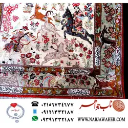 فرش ذرع ونیم تمام ابریشم بافت شهابی قم نقشه  شکارگاه بهرام شاه