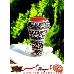 انگشتر نفیس عقیق سرخ البالویی یمنی قلمزنی استاد محسن جنگی