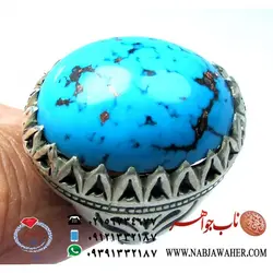 انگشترفیروزه درشت طبع دار تراش دامله کله اسبی و رکاب نقره دست ساز مشهد
