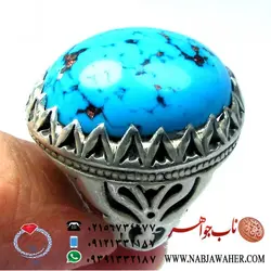 انگشترفیروزه درشت طبع دار تراش دامله کله اسبی و رکاب نقره دست ساز مشهد