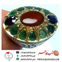 انگشترجواهری سنگهای زمرد و یاقوت اصیل و عقیق سرخ یمنی شیک و فاخر و رکاب نقره دست ساز بخشی مشهد