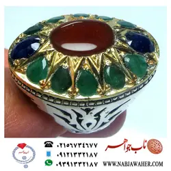 انگشترجواهری سنگهای زمرد و یاقوت اصیل و عقیق سرخ یمنی شیک و فاخر و رکاب نقره دست ساز بخشی مشهد