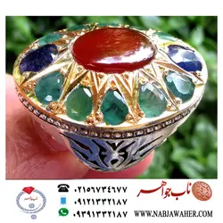 انگشترجواهری سنگهای زمرد و یاقوت اصیل و عقیق سرخ یمنی شیک و فاخر و رکاب نقره دست ساز بخشی مشهد