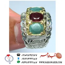 حلقه جواهری شیک یاقوت و زمرد و رکاب نقره قلمزنی بخشی